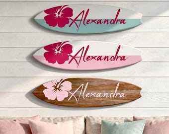 Unique Surfboard Name Sign for Girls | Hawaii Baby Decor | teen girl & kid girl Name Plaque| Personalized Coastal Girl Room Tropical Nursery