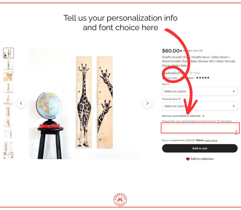 May include: Two wooden growth charts with giraffe illustrations. One chart shows a full giraffe, the other two show giraffe heads. A globe sits on a black stool. Text: Tell us your personalization info and font choice here.