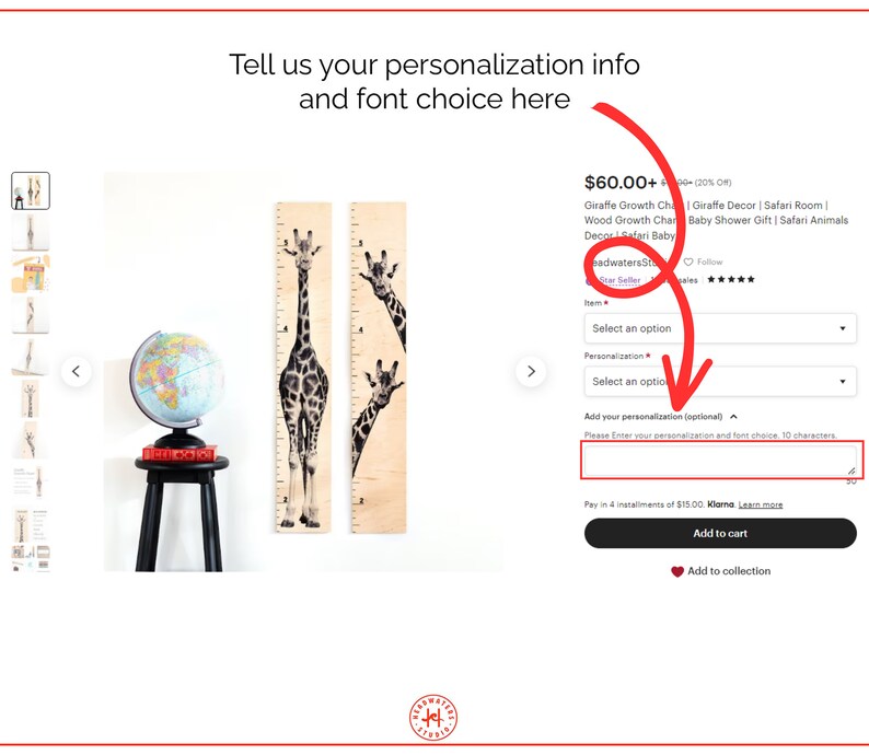 May include: A wooden giraffe growth chart with a black and white giraffe illustration. The chart is available for personalization with a name and font choice. The chart is available for purchase on Etsy.