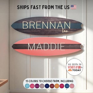 Personalized Surfboard Name Sign – Custom Dark Wood Wall Decor for Kids, Beach Nursery Name Sign, Coastal Wall Art, Surfboard Room Decor