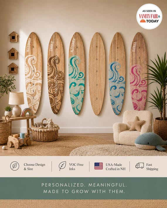 Surfboard Growth Chart Wooden Height Board Ocean Decor Kids Room Decor Coastal Nursery Decor Surf Board Wall Art Beach Themed Boy Girl Ruler