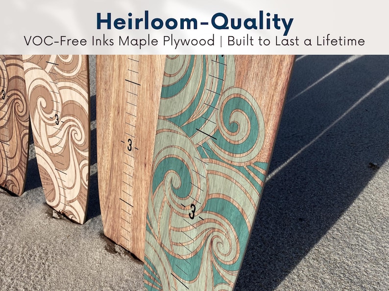 May include: Wooden growth charts with decorative wave patterns in shades of brown and teal. Each chart has a ruler with the number 3 marked. The text "Heirloom-Quality" and "VOC-Free Inks Maple Plywood | Built to Last a Lifetime" is visible.