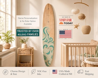 Nazwa Deska surfingowa MIARA WZROSTU - Ocean Nursery Nautical Nursery Decor, spersonalizowana miarka wzrostu, dziecięca deska surfingowa w stylu nadmorskim