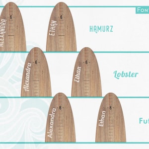 May include: Wooden growth charts with names Alexandra and Ethan, with a measurement scale up to 6 inches. The image also shows the text "Font Styles", and the names of the fonts "Hamurz", "Lobster", and "Futura".