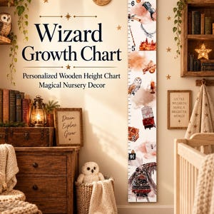 May include: A vertical wooden growth chart featuring the name Luna at the top, numbered markings from 1 to 6, and watercolor-style illustrations of a train, owl, books, and magical items. The white board has a smooth finish and black text.