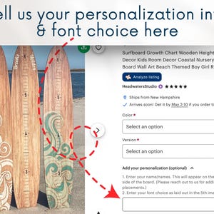 May include: Wooden surfboard growth chart with a light brown wood grain. The chart has a measurement scale and decorative wave designs in teal and white. The text "Tell us your personalization info & font choice here" is at the top.