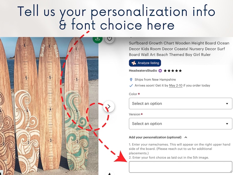 May include: Wooden surfboard growth chart with a light brown wood grain. The chart has a measurement scale and decorative wave designs in teal and white. The text "Tell us your personalization info & font choice here" is at the top.