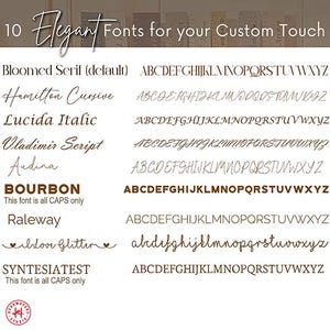 Pu&ograve; includere: Una visualizzazione digitale intitolata 10 Elegant Fonts for your Custom Touch, che mostra dieci stili di carattere distinti tra cui Bloomed Serif, Hamilton Cursive, Lucida Italic, Vladimir Script, Audina, BOURBON, Raleway, I love Glitter e SYNTESTIATEST.