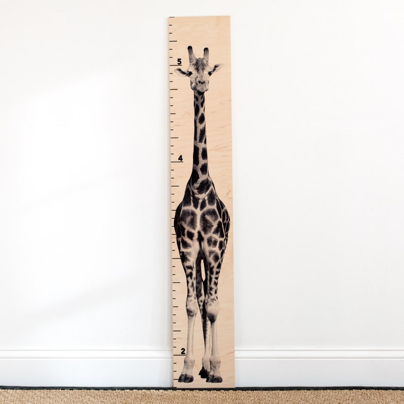 May include: A wooden growth chart featuring a black and white giraffe illustration. The chart has numbers 2, 4, and 5 printed on it.