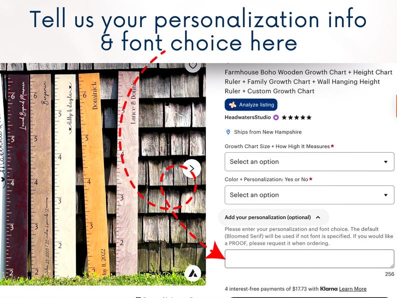 Pu&ograve; includere: Una collezione di cinque metri di crescita verticali in legno in varie tonalit&agrave;, ciascuno con segni di misurazione incisi e nomi personalizzati. L'immagine include una sovrapposizione con il testo: Tell us your personalization info & font choice here.