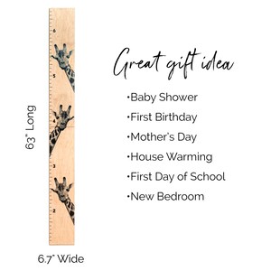 May include: A wooden growth chart with giraffe illustrations, measuring 63 inches long and 6.7 inches wide. The chart includes the text "Great gift idea" and suggestions for occasions like baby showers and birthdays.