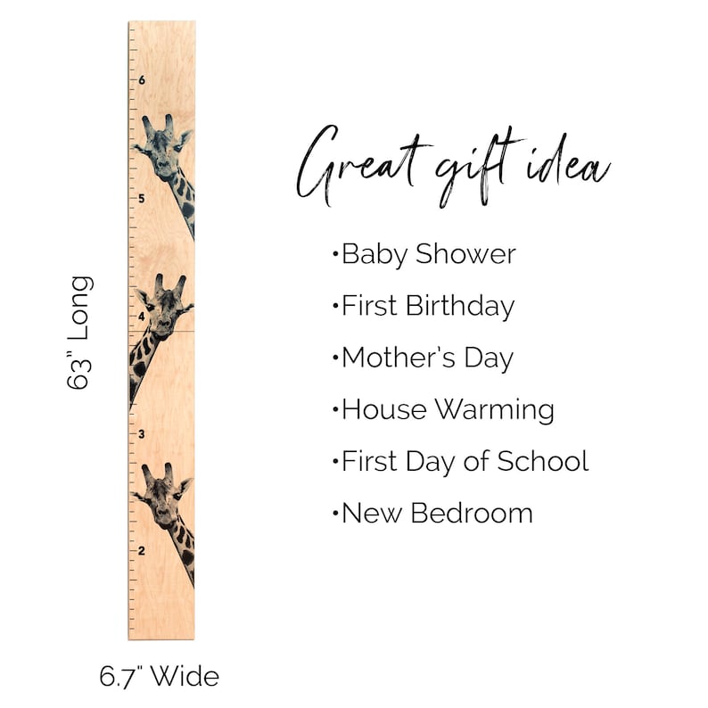 May include: A wooden growth chart with giraffe illustrations, measuring 63 inches long and 6.7 inches wide. The chart includes the text "Great gift idea" and suggestions for occasions like baby showers and birthdays.