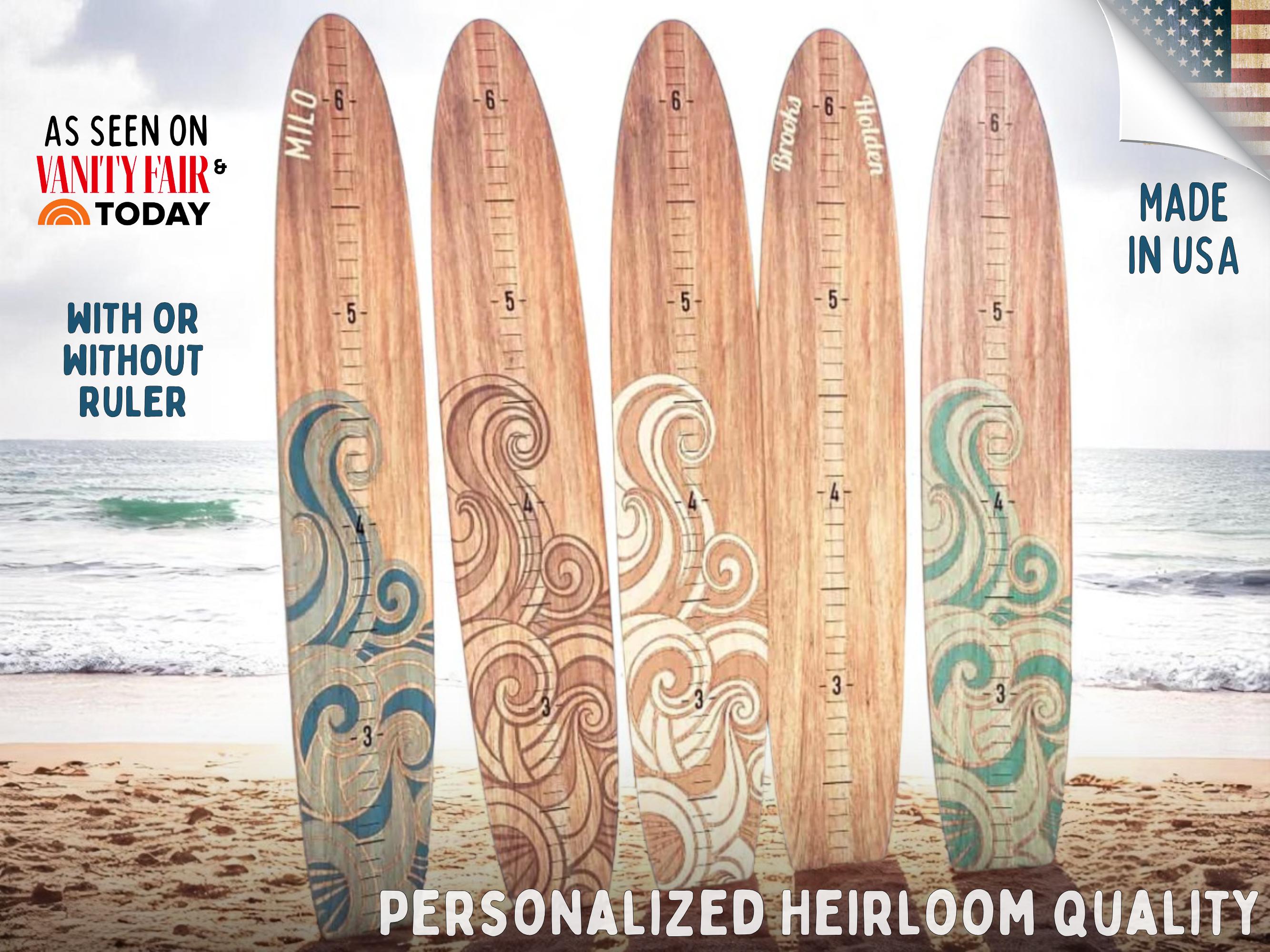 Surfbrett-Wachstumskarte, Holz-Höhentafel, Ozean-Dekor, Kinderzimmer-Dekor, Küsten-Kinderzimmer-Dekor, Surfbrett-Wandkunst, Strand-Themen, Junge, Mädchen, Lineal