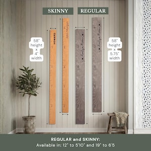 Pu&ograve; includere: Quattro metri di crescita in legno etichettati Skinny e Regular. I due Skinny misurano 147,32 cm di altezza per 10,16 cm di larghezza, mentre i due Regular misurano 147,32 cm di altezza per 14,6 cm di larghezza, con tacche e nomi.