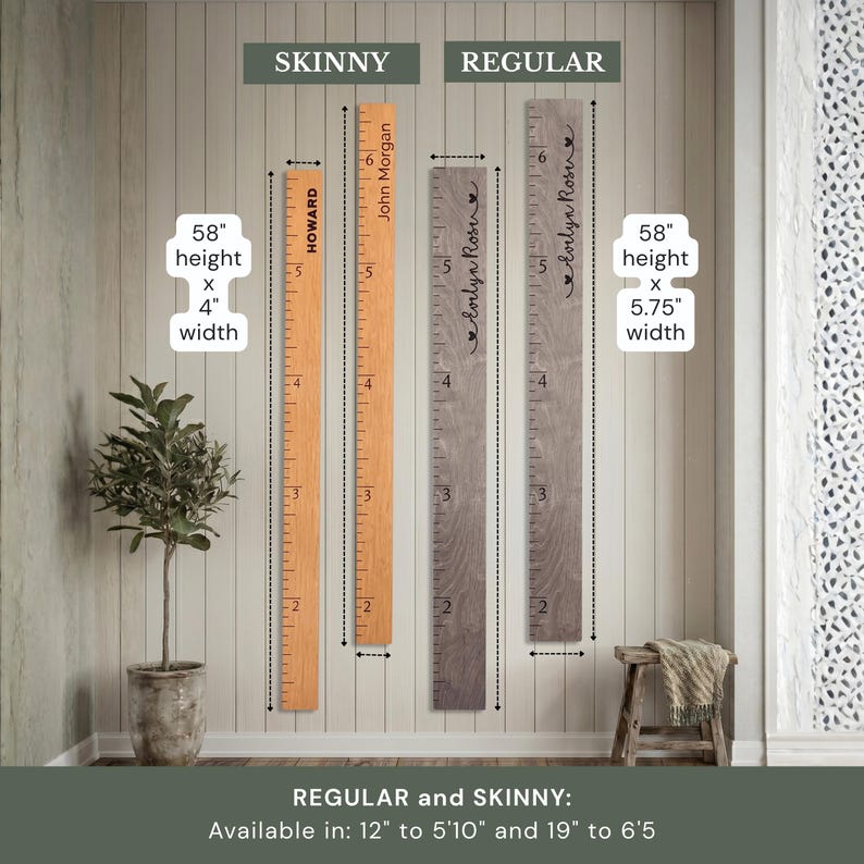 Pu&ograve; includere: Quattro metri di crescita in legno etichettati Skinny e Regular. I due Skinny misurano 147,32 cm di altezza per 10,16 cm di larghezza, mentre i due Regular misurano 147,32 cm di altezza per 14,6 cm di larghezza, con tacche e nomi.