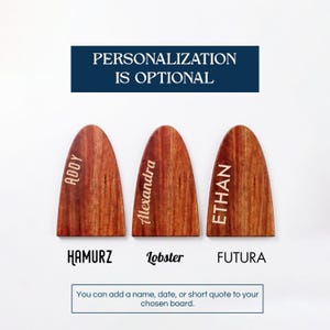 May include: Three arched wooden boards with visible grain, each featuring a different engraved name: Addy in Hamurz font, Alexandra in Lobster font, and Ethan in Futura font. Text above reads PERSONALIZATION IS OPTIONAL and below reads You can add a name, date, or short quote to your chosen board.