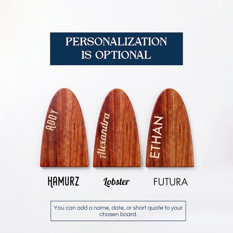 May include: Three arched wooden boards with visible grain, each featuring a different engraved name: Addy in Hamurz font, Alexandra in Lobster font, and Ethan in Futura font. Text above reads PERSONALIZATION IS OPTIONAL and below reads You can add a name, date, or short quote to your chosen board.