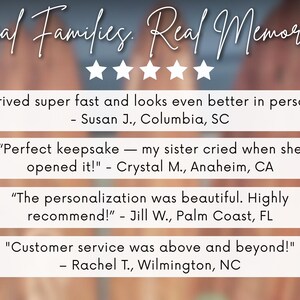 May include: Image with the text "Real Families. Real Memories." and customer testimonials. The testimonials are in white text on a light beige background, with a blurred background.