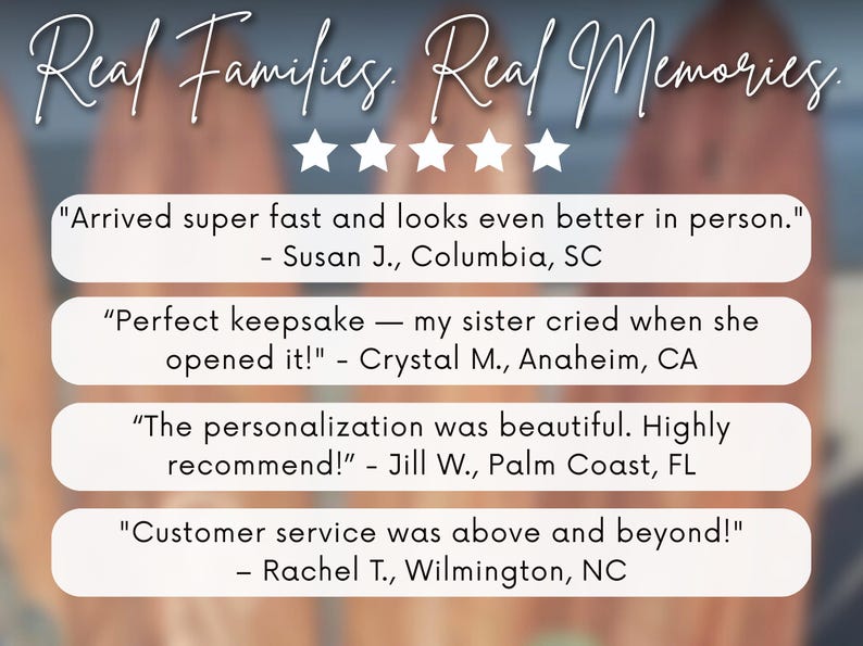 May include: Image with the text "Real Families. Real Memories." and customer testimonials. The testimonials are in white text on a light beige background, with a blurred background.
