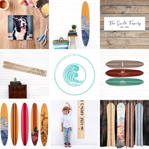 May include: A collection of wooden growth charts featuring various designs, including a surfboard with an octopus, a surfboard with flowers, a surfboard with a wave, a surfboard with a mountain scene, and a surfboard with a shark. The charts are all made of wood and have a natural finish. The charts are perfect for tracking the growth of children and can be personalized with a name or date.