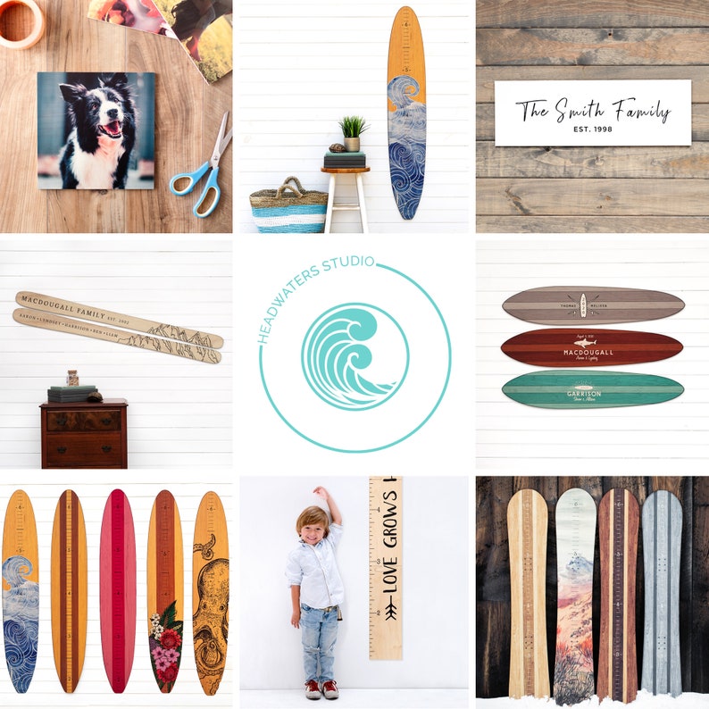 May include: A collection of wooden growth charts featuring various designs, including a surfboard with an octopus, a surfboard with flowers, a surfboard with a wave, a surfboard with a mountain scene, and a surfboard with a shark. The charts are all made of wood and have a natural finish. The charts are perfect for tracking the growth of children and can be personalized with a name or date.