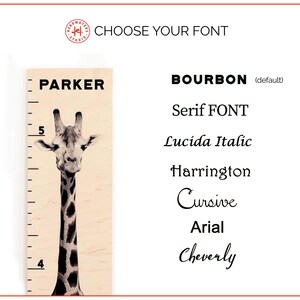 May include: A wooden growth chart featuring a giraffe illustration and a ruler-style height measurement. The chart includes the name "PARKER" at the top and font options: Bourbon, Serif, Lucida Italic, Harrington, Cursive, Arial, and Cheverly.