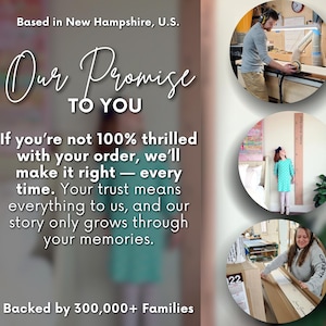 Pu&ograve; includere: Un grafico informativo aziendale con il testo: Based in New Hampshire, U.S. Our Promise TO YOU. If you're not 100% thrilled with your order, we'll make it right &mdash; every time. Your trust means everything to us, and our story only grows through your memories. Backed by 300,000+ Families. Tre immagini circolari mostrano un falegname, un bambino accanto a un metro di crescita in legno e una persona che imballa un metro di crescita in legno in una scatola.