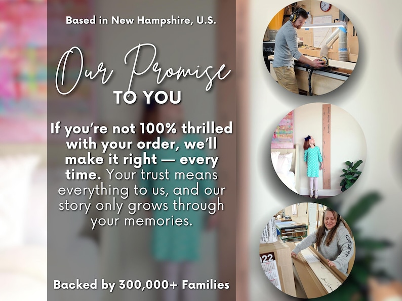 Pu&ograve; includere: Un grafico informativo aziendale con il testo: Based in New Hampshire, U.S. Our Promise TO YOU. If you're not 100% thrilled with your order, we'll make it right &mdash; every time. Your trust means everything to us, and our story only grows through your memories. Backed by 300,000+ Families. Tre immagini circolari mostrano un falegname, un bambino accanto a un metro di crescita in legno e una persona che imballa un metro di crescita in legno in una scatola.