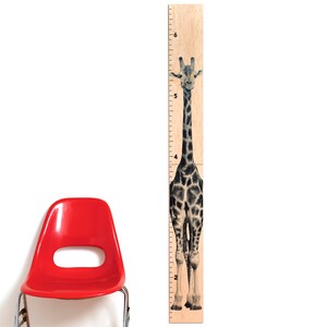 May include: A wooden growth chart featuring a giraffe illustration. The chart is marked with inch increments from 2 to 6 feet. The giraffe has a black and white spotted pattern. A red chair is in the background.