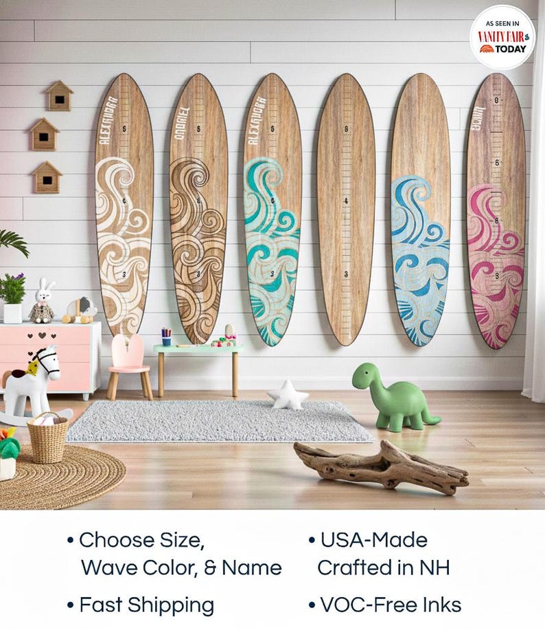 Surfboard Growth Chart Wooden Height Board Ocean Decor Kids Room Decor Coastal Nursery Decor Surf Board Wall Art Beach Themed Boy Girl Ruler image 1