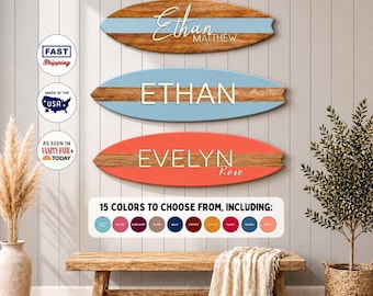 Surfboard Name Sign | Beach Nursery Wall Sign | Kids Coastal Decor Beachy Above Bed Sign | Girl / Boy Beach Theme Ocean Above Crib Name Sign