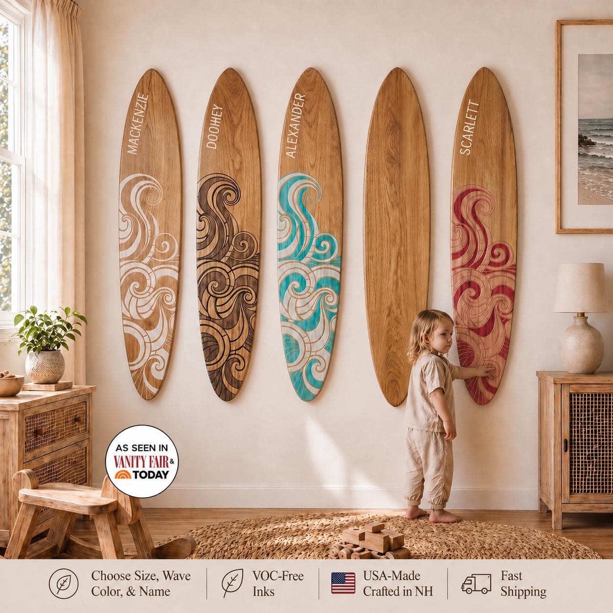 Natural Surfboard Wall Hanging, Coastal Home Decor, Boho Beach