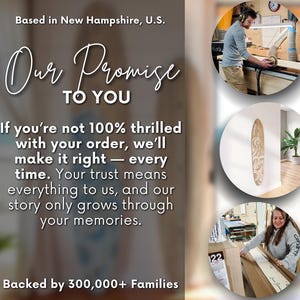 May include: Image with text: "Our Promise To You." The text states that if the customer is not thrilled with their order, the company will make it right. The image also states that the company is based in New Hampshire, U.S. and is backed by 300,000+ families.