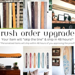 May include: A collection of personalized wooden rulers with names and dates, a wooden surfboard with a wave design and the name "Ethan", and a set of wooden surfboards with names like "Campbell", "Sammy", and "Parker".