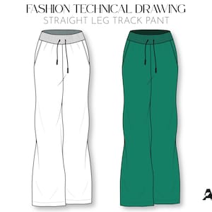 Flat Technical Drawing - Straight Leg Track Pant, Fashion Design Sketch, AI + PNG + PDF