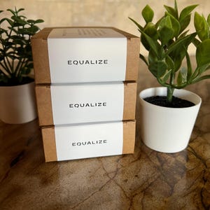 Peut inclure: Trois boîtes en carton brun empilées les unes sur les autres. Chaque boîte a une étiquette blanche avec le mot "EQUALIZE" imprimé en noir.
