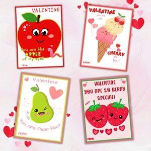 Tarjetas de San Valentín con frutas para imprimir - Tarjeta de San Valentín con bocadillos de frutas - Tarjeta de San Valentín con puré de manzana - Tarjeta de San Valentín para clases de primaria - Tarjeta de San Valentín divertida