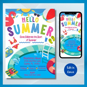 Editable Hello Summer Swim Party Invitation, Last Day of School Pool Party Invitation, Splish Splash Swim Party Digital Summer Party Bash