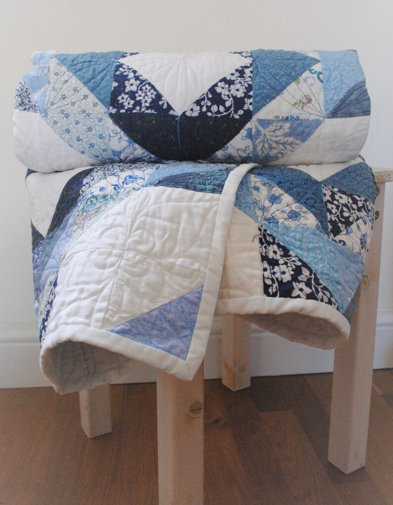 Blue and White Diamond & Star Patchwork Quilt Bed Runner Throw Etsy UK