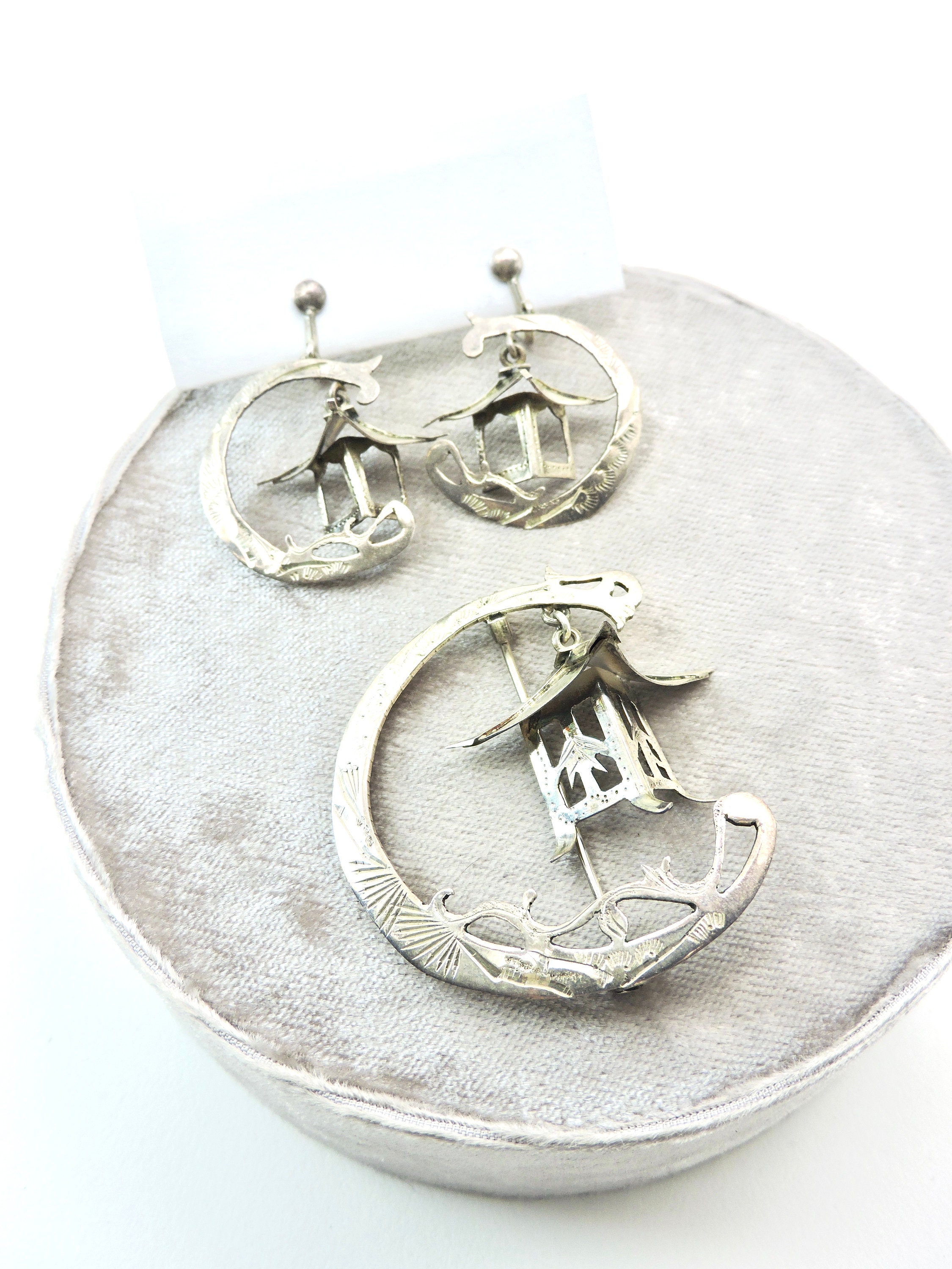 Japanese Lantern Crescent Moon Vintage Sterling Silver Brooch and Earrings