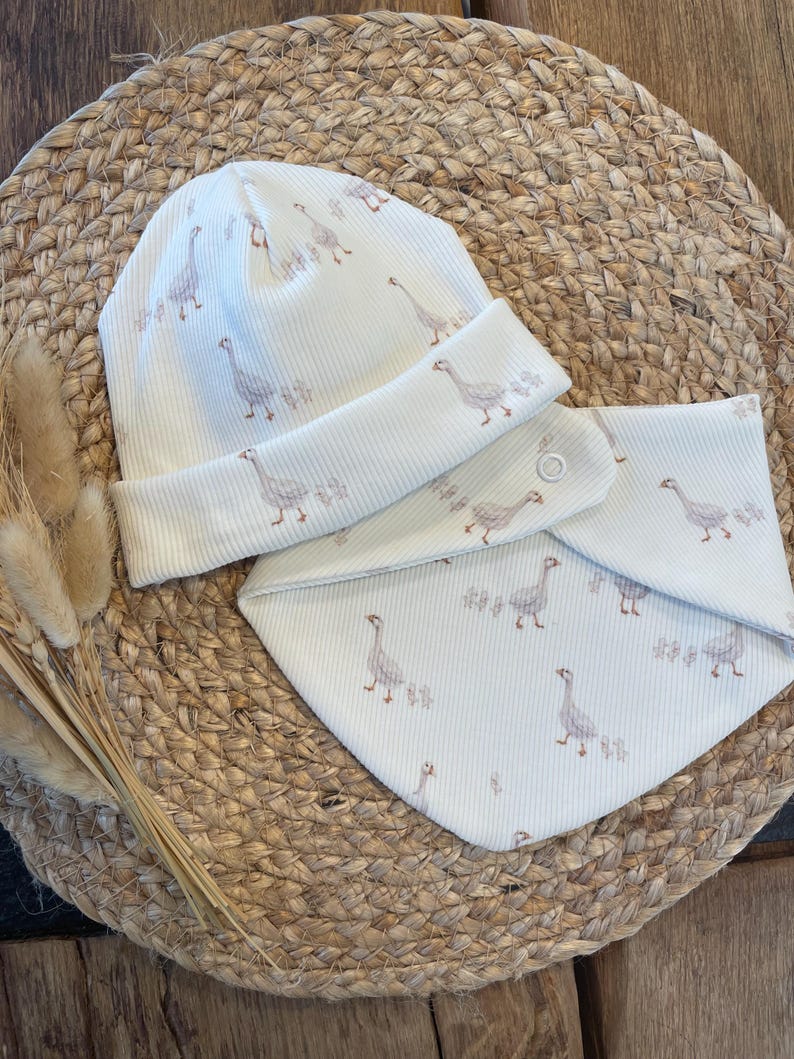 Baby Set "Family Goose" | Ribbed Jersey Hat | Scarf | Baby Shower Gift | Baby Hat | Beanie | Hipster Beanie | Goose Pattern | Children Mütze + Halstuch