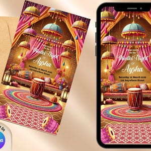 Kleurrijke Dholki Mayoun-uitnodiging l Digitaal ontwerp bruiloftdecoruitnodiging | Bewerkbare uitnodigingssjabloon Uitnodiging haldi sangeet mehndi