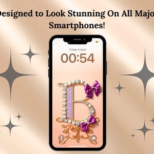 iPhone Wallpaper Letter B | Purple Gold Monogram Background | Cute Girly Aesthetic Lock Screen | Digital Download with Bow and Jewels