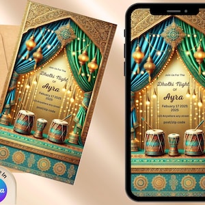Convite colorido Dholki Mayoun l Convite de decoração de casamento com design digital | Modelo de convite editável Convite haldi sangeet mehndi