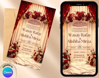 Pode incluir: Um convite de casamento com um tema vermelho e dourado. O convite apresenta um arco floral com flores vermelhas e brancas. O texto no convite diz "Wasay Rafay & Alishba Mirza" e "Sexta-feira, 21 de setembro".