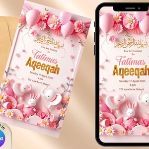 Convite digital de Aqeeqah | Convite islâmico do bebê | Menina Aqeeqah Cartão Comemorativo | Chá de bebê muçulmano | Modelo Aqeeqah editável | Download instantâneo
