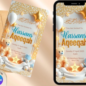 Convite digital de Aqeeqah | Convite islâmico do bebê | menino Aqeeqah Cartão Comemorativo | Chá de bebê muçulmano | Modelo Aqeeqah editável | Download instantâneo