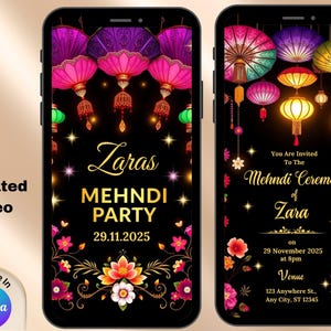 Invitation Mehndi | Faire-part de mariage coloré Dholki Mayoun Haldi Sangeet | Modèle d'invitation de nuit au henné pour carte de mariage indienne pakistanaise