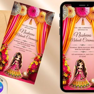 Mehndi-uitnodiging digitaal | Indiase bruiloft Sangeet-uitnodiging | Bewerkbare Dholki Haldi-kaart | Moslim Pakistaanse bruiloftsuitnodiging | Uitnodiging voor Mayoun