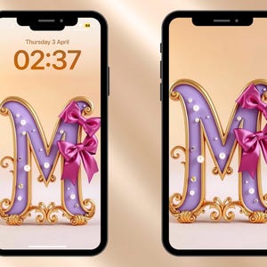 iPhone Wallpaper Letter M | Purple Gold Monogram Background | Cute Girly Aesthetic Lock Screen | Digital Download with Bow and Jewels